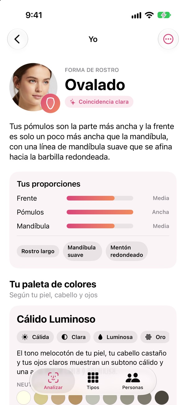 Facemetry: resultado de forma de rostro ovalado con sus proporciones